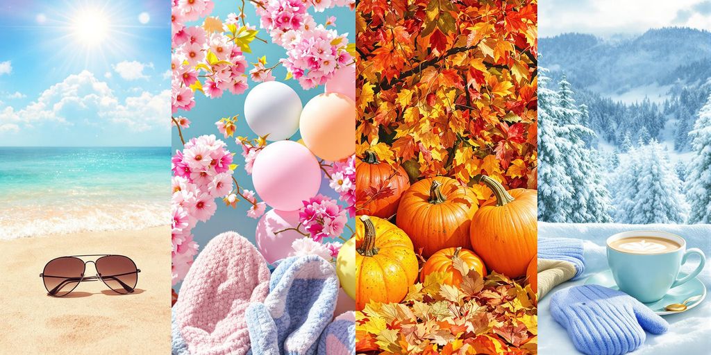 Quadrant collage of beach, flowers, autumn leaves, and snowy winter
