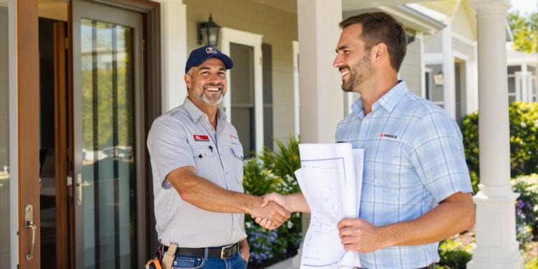 A close-up of a smiling contractor shaking a customer's hand.