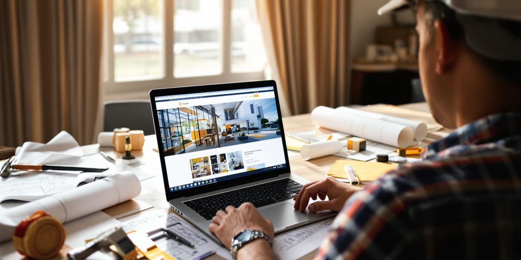 Contractor on laptop, blueprint, tools.
