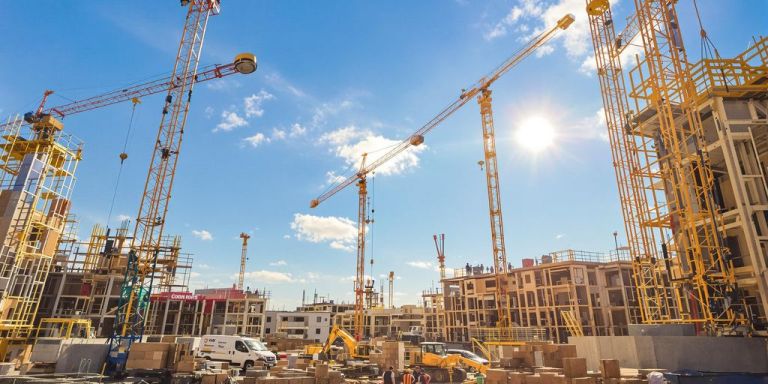 Construction site with warm summer sunlight.