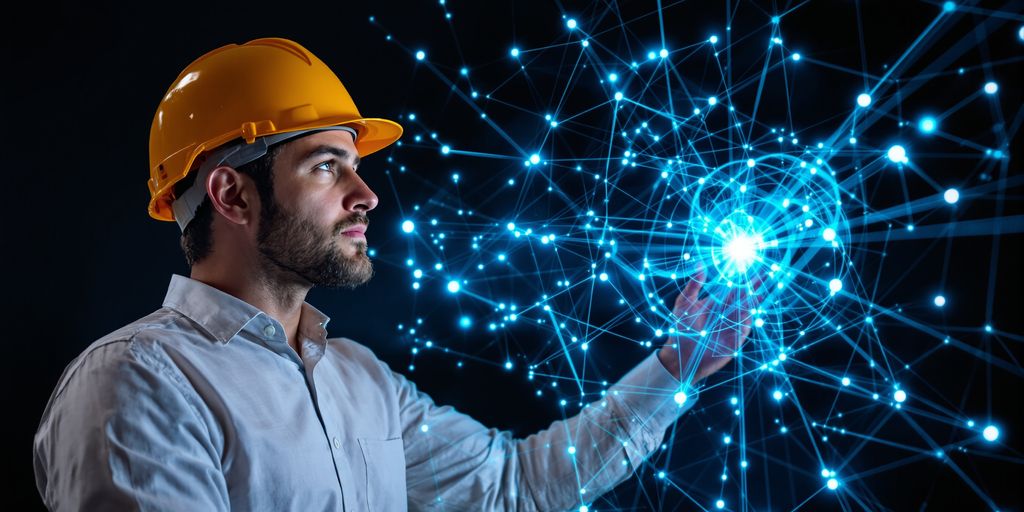 Contractor interacting with glowing digital network