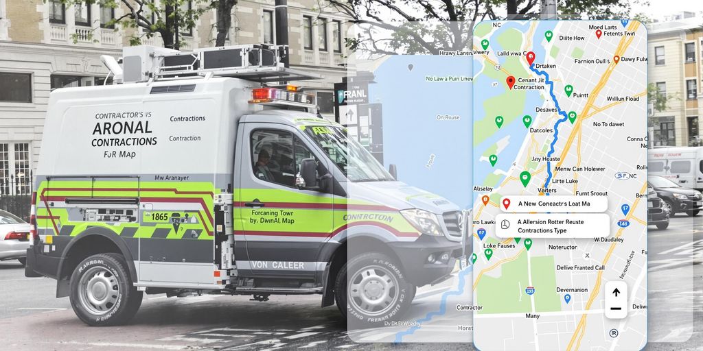 A contractor's van parked near a street with a digital map overlay.