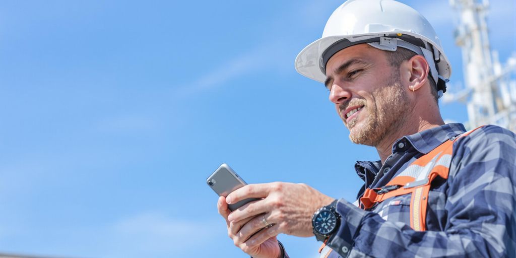 Contractor using phone outdoors on sunny day.