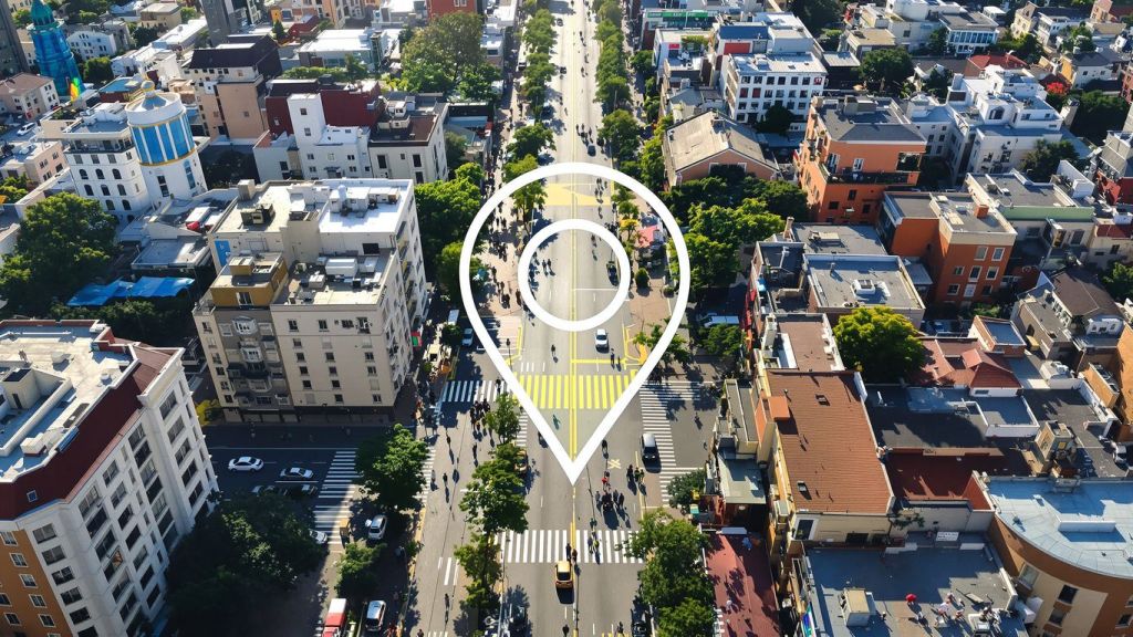 City street with a stylized map pin icon.