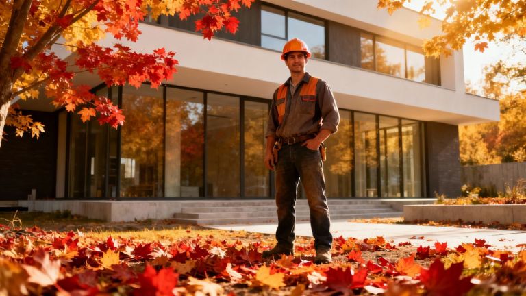 Contractor in front of building with fall leaves.