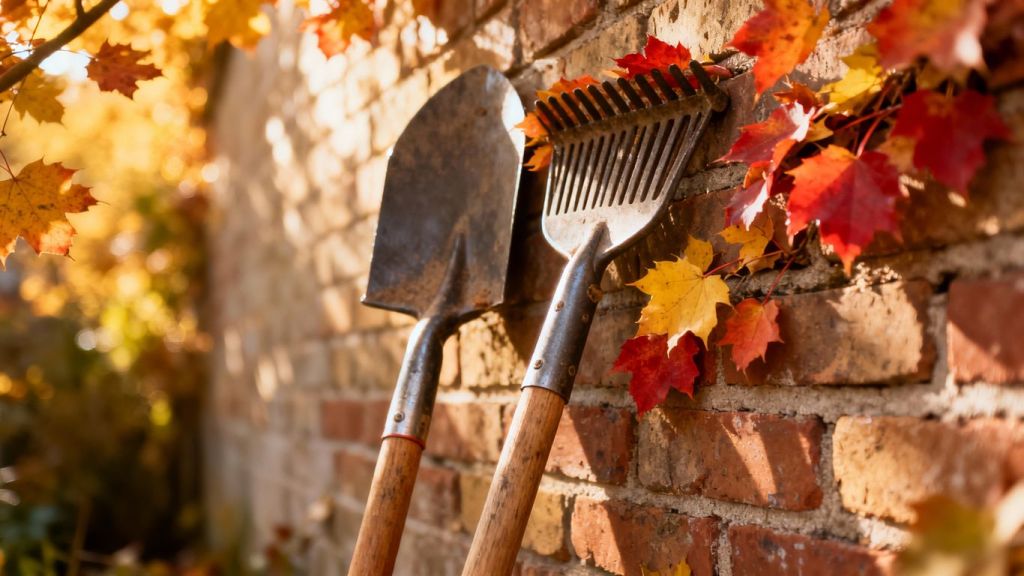 Contractor tools with autumn leaves.