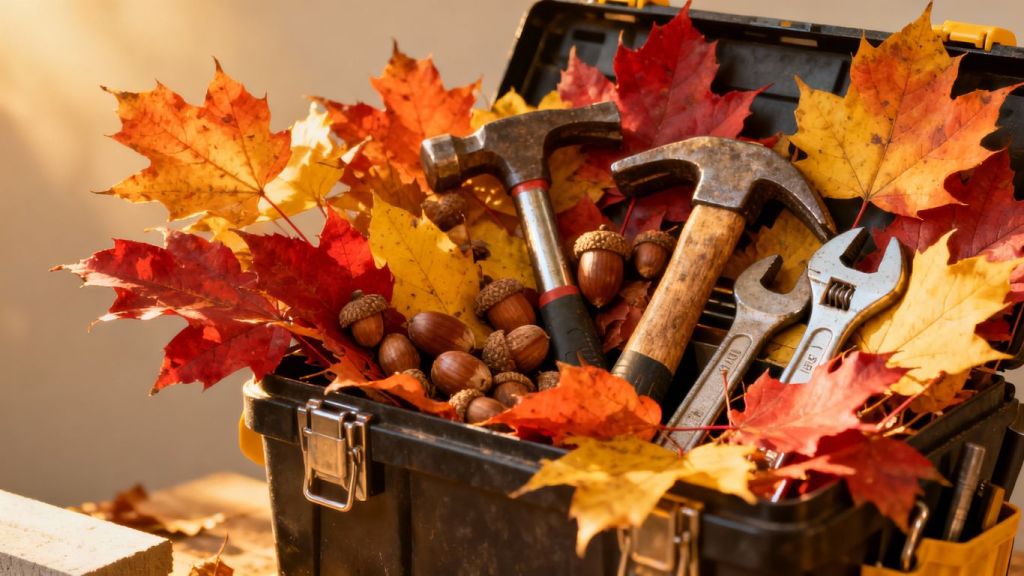 Contractor tools with fall leaves