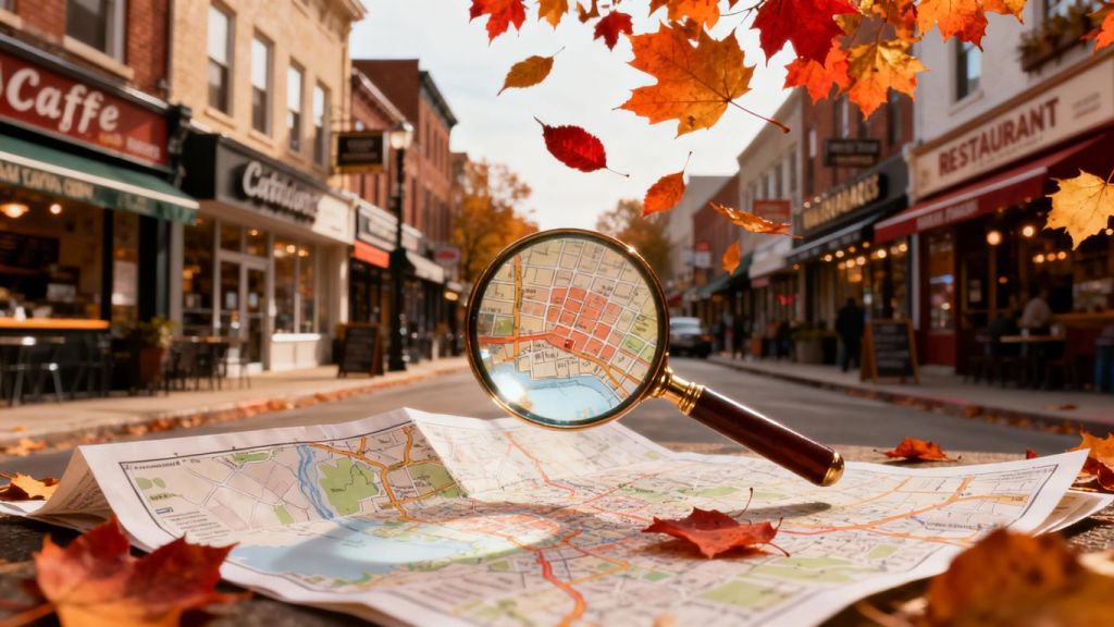 Local businesses and autumn leaves