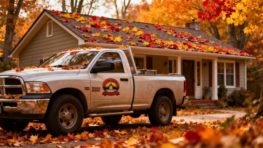 Contractor truck outside autumn house.