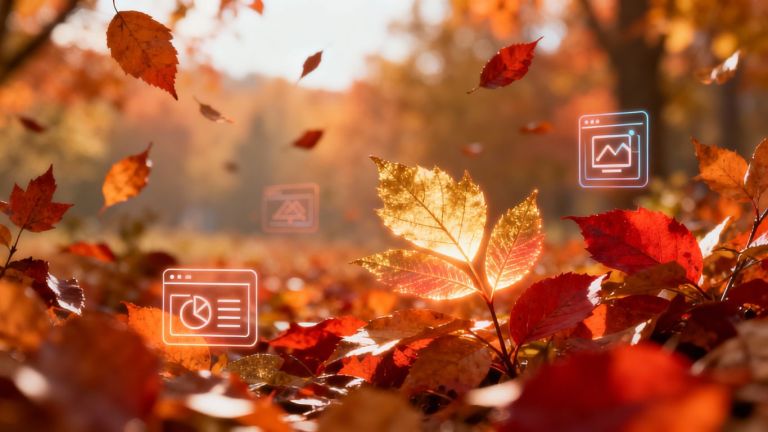 Autumn leaves and a modern website interface.