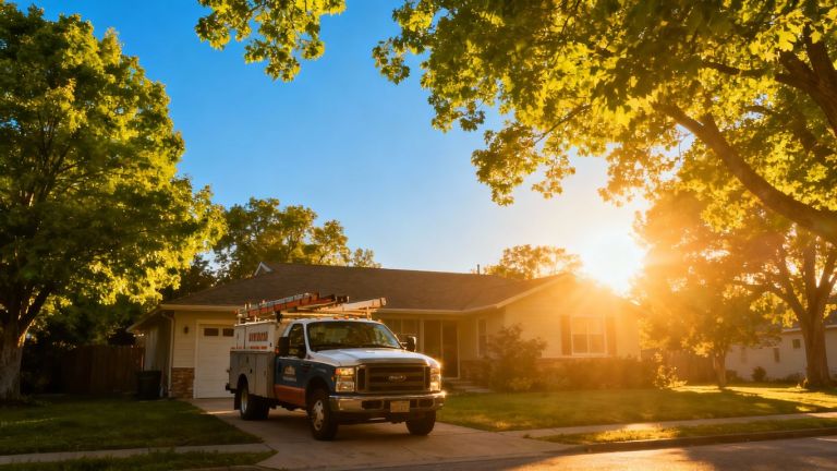 Contractor truck at a house with sunny sky.