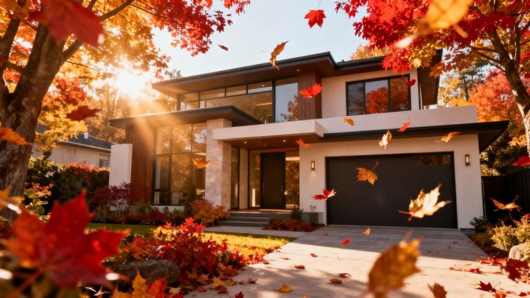Autumn leaves falling around a modern house.