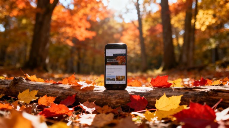 Smartphone in autumn leaves, website displayed.