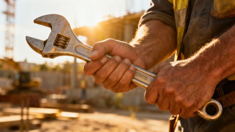 Contractor holding a wrench, construction site background.
