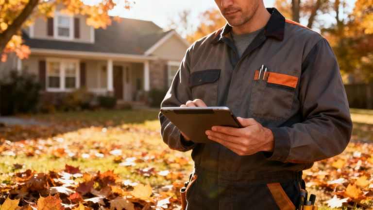 Contractor checking tablet outside home in autumn