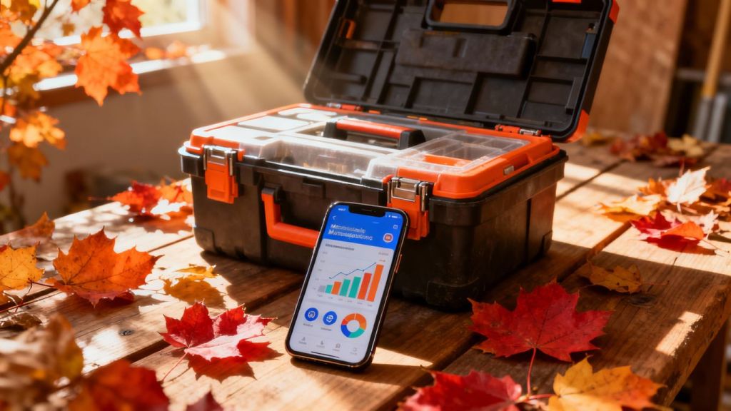 Contractor's toolbox with autumn leaves and digital marketing dashboard.