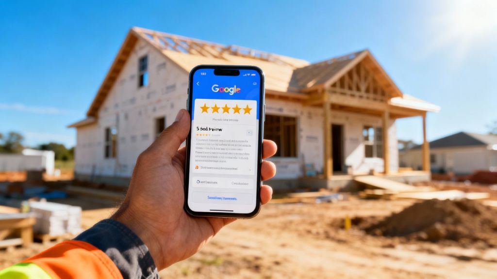 Contractor showing positive Google review on phone.
