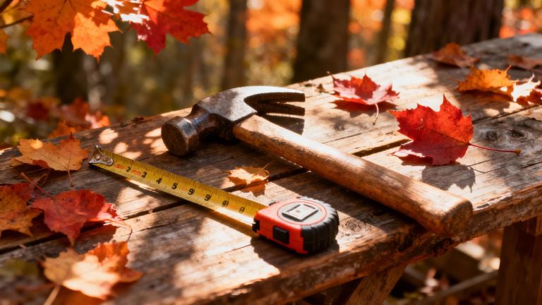Contractor tools amidst fall leaves, warm autumn light.