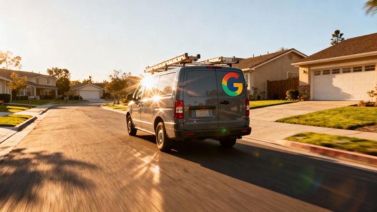 Contractor van on a street, Google logo visible.