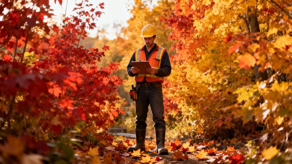 Contractor in fall leaves with clipboard.