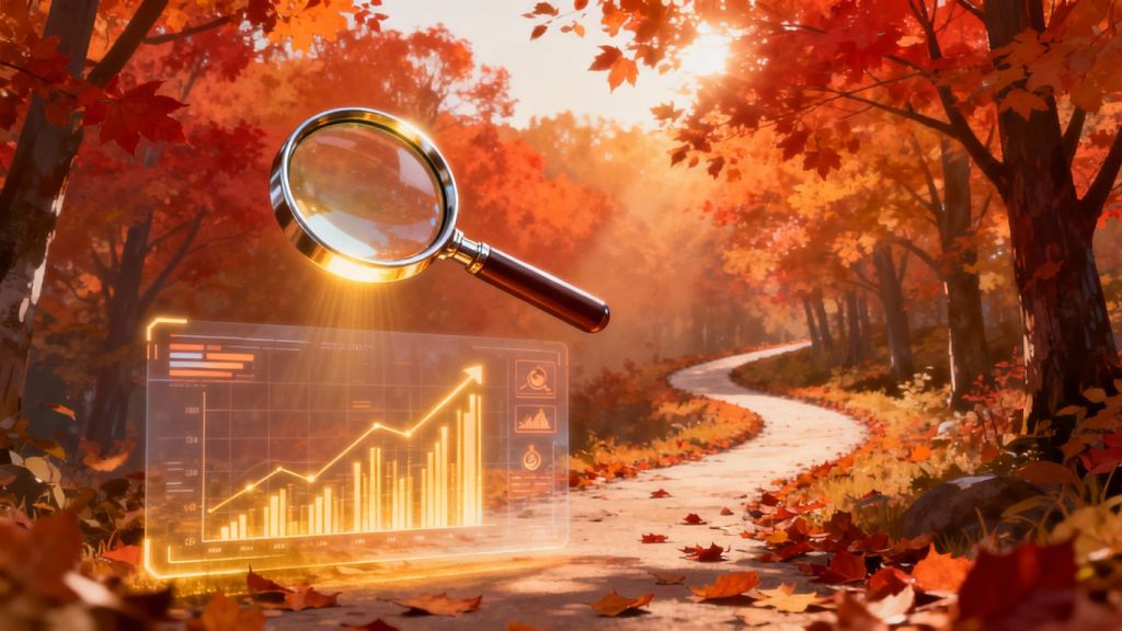 Autumn leaves and magnifying glass over digital interface.