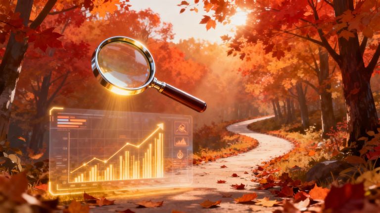 Autumn leaves and magnifying glass over digital interface.