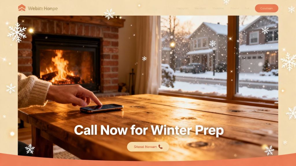 Contractor website with winter scene and hand reaching for phone.