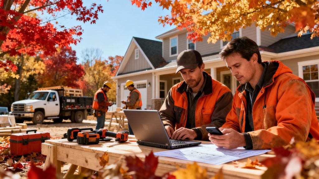 Contractors using technology outdoors during autumn season