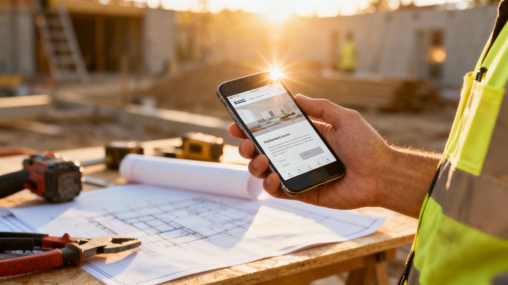 Contractor using a mobile-friendly website on a smartphone.