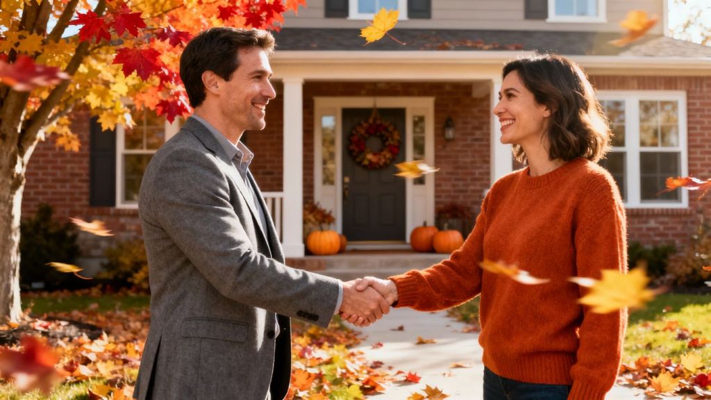 Contractor and client handshake outside autumn home