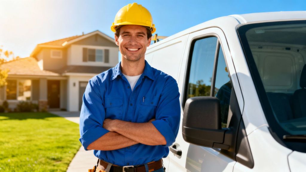 Contractor in hard hat beside van at suburban home
