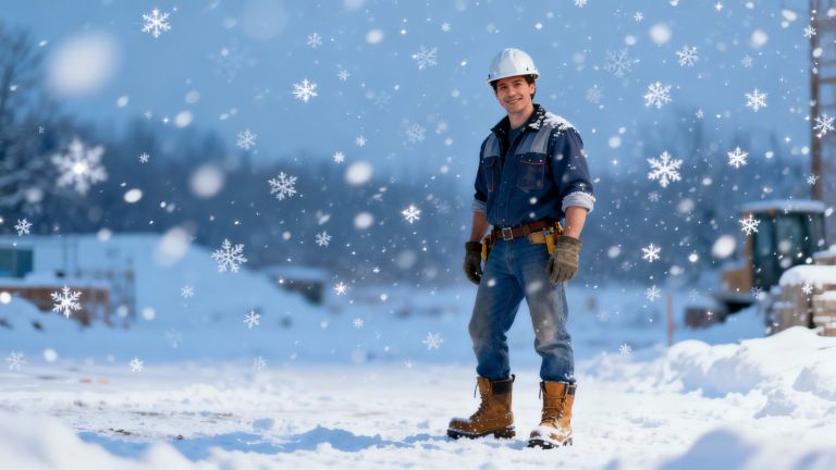 Contractor in snow, ready for winter work.