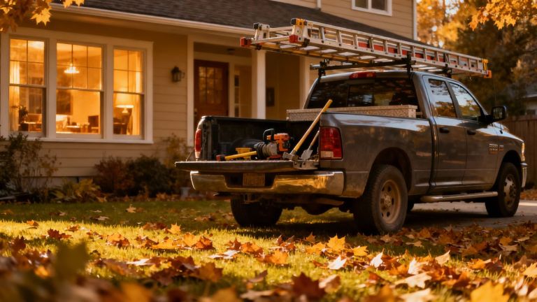 Contractor truck with autumn leaves and house.