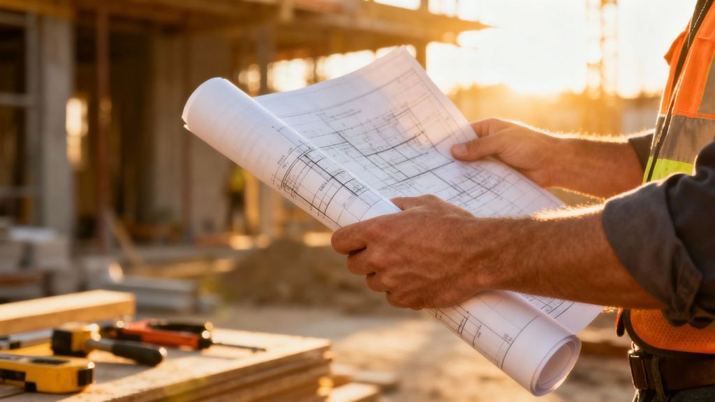 Contractor's hands holding blueprint on construction site.
