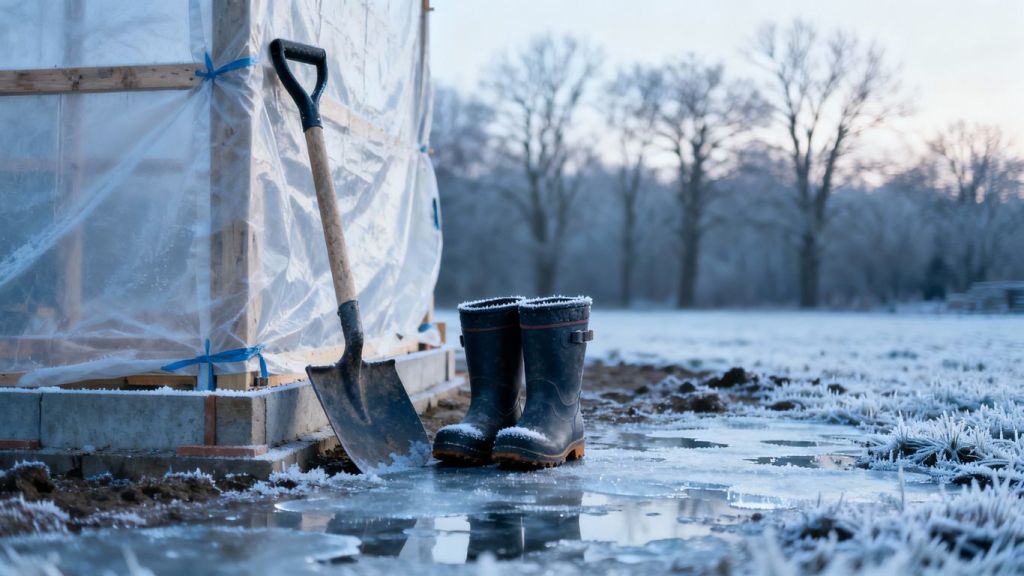 Contractor tools and winter landscape for marketing strategy.