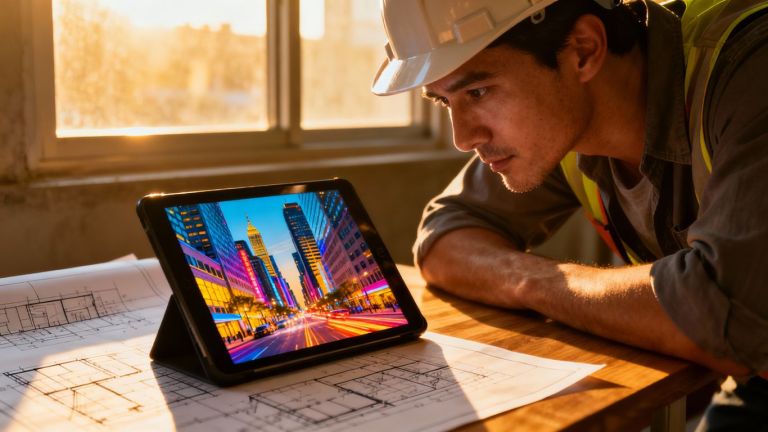 Contractor reviewing digital device with cityscape background.