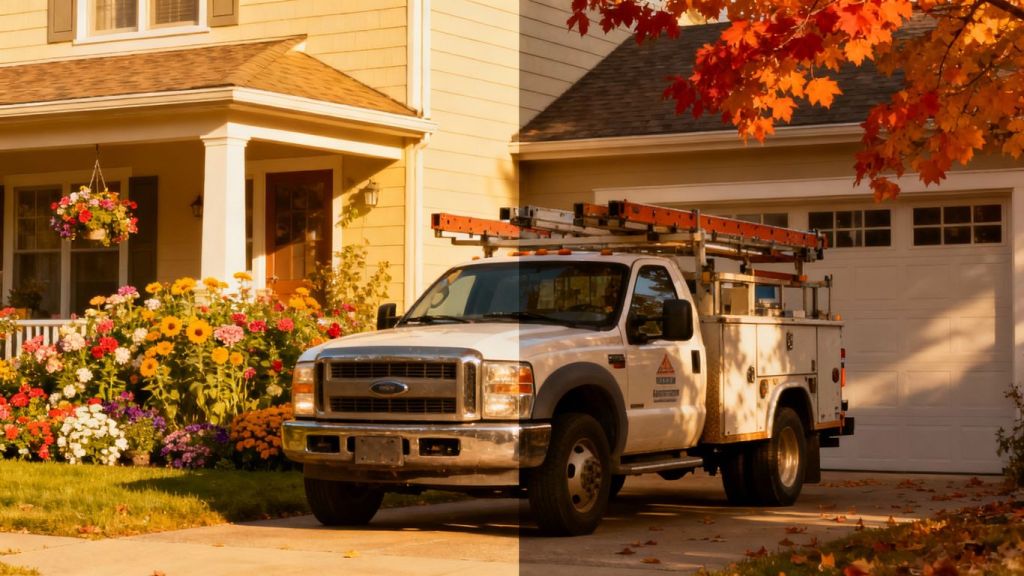 Contractor truck with seasonal house decor.