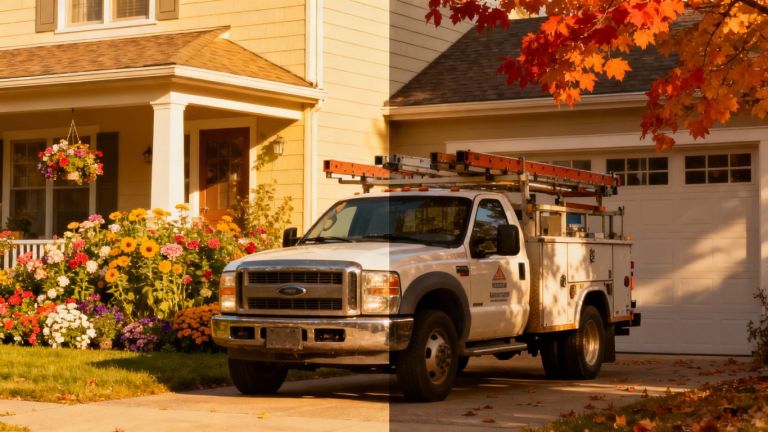 Contractor truck with seasonal house decor.