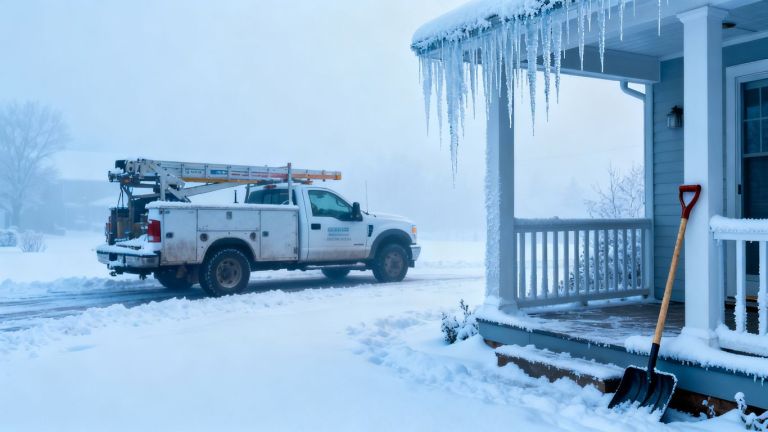 Contractor truck in snowy driveway with icicles.