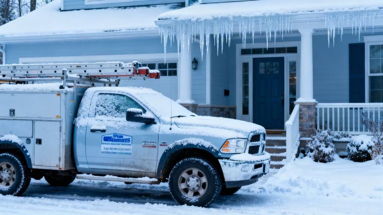 Contractor truck in snowy winter landscape