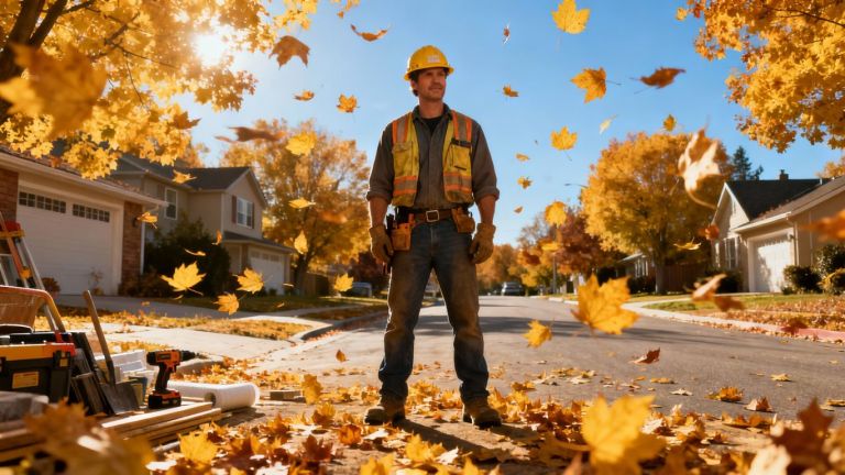 Contractor in autumn leaves, ready for lead generation.