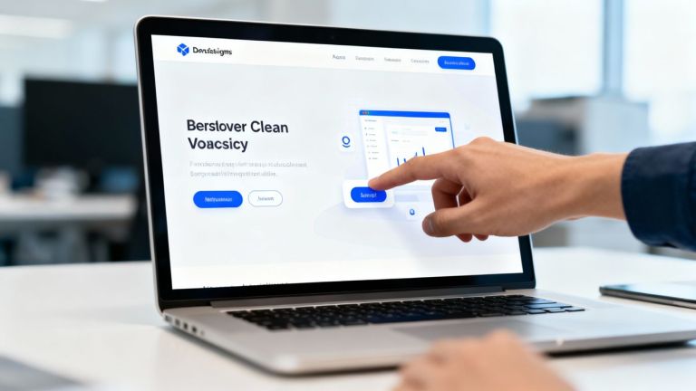 Website on laptop with hand interacting