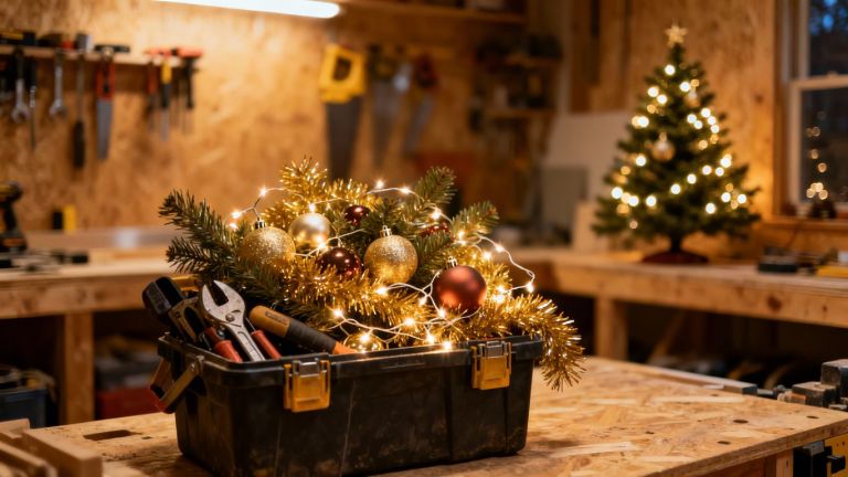 Contractor's toolbox filled with holiday decorations.