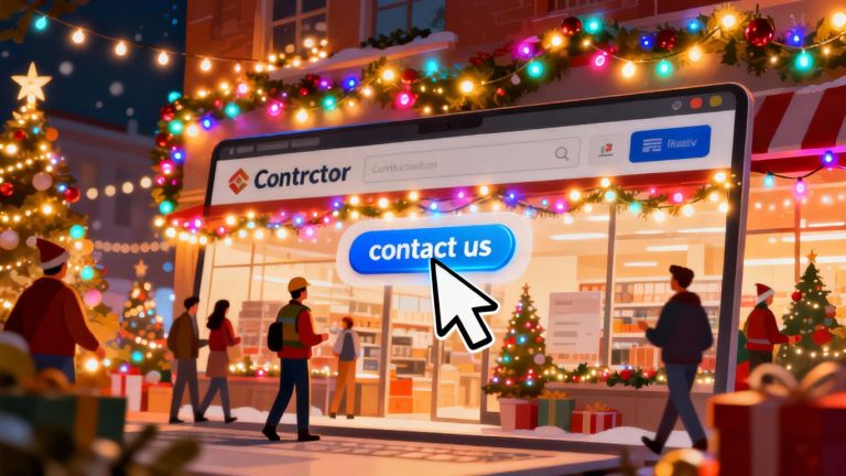 Contractor website with holiday lights and contact button.