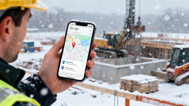 Contractor using Google Maps on phone in winter