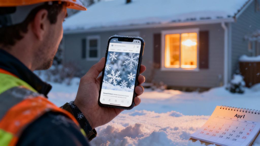 Contractor website on phone with winter house background.