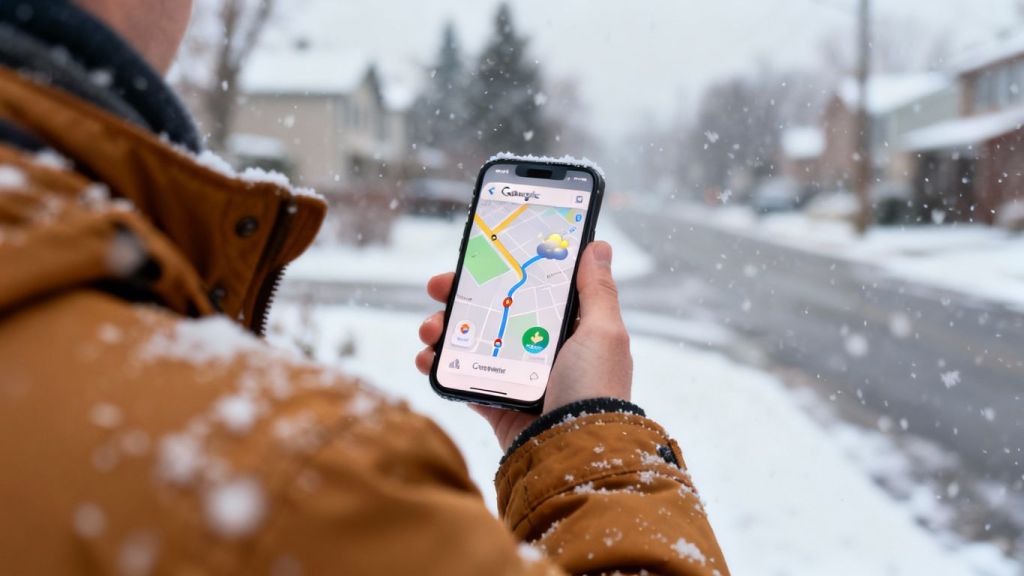 Contractor using Google Maps in snowy weather.