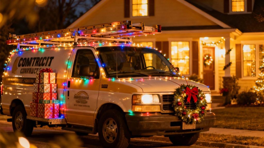 Contractor van decorated for holidays with gifts.