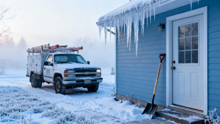 Contractor truck in snowy driveway, winter home maintenance.