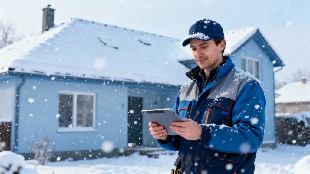 Contractor in winter gear outside snowy house with tablet.